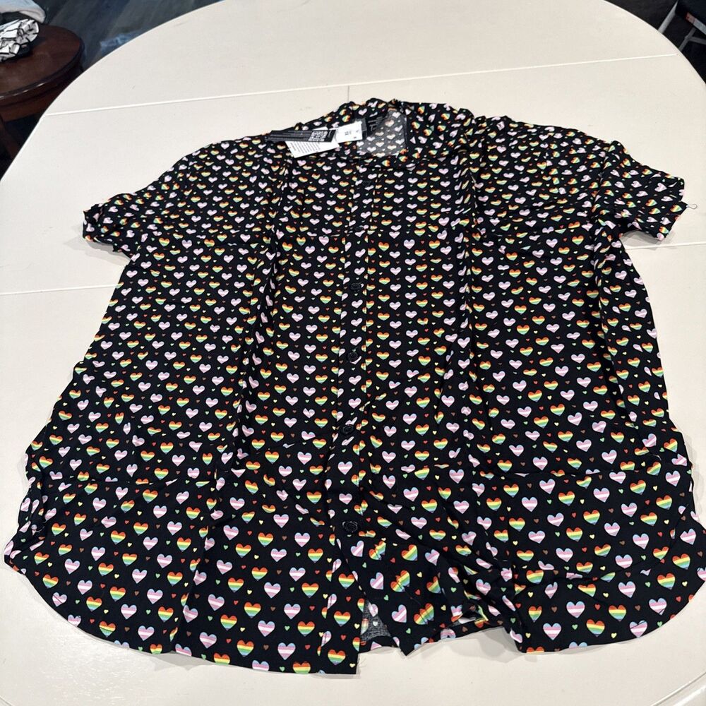 PH by Phluid Project Pride Rainbow Hearts Button-Down Shirt Black 1X NWT